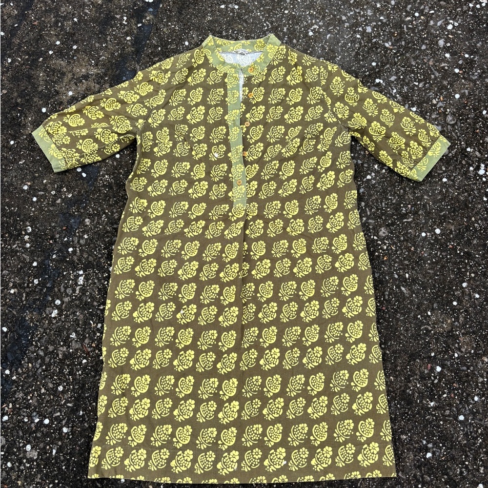 House of Merrimekko Finland Olive Green & Yellow Floral Block Printed Dress